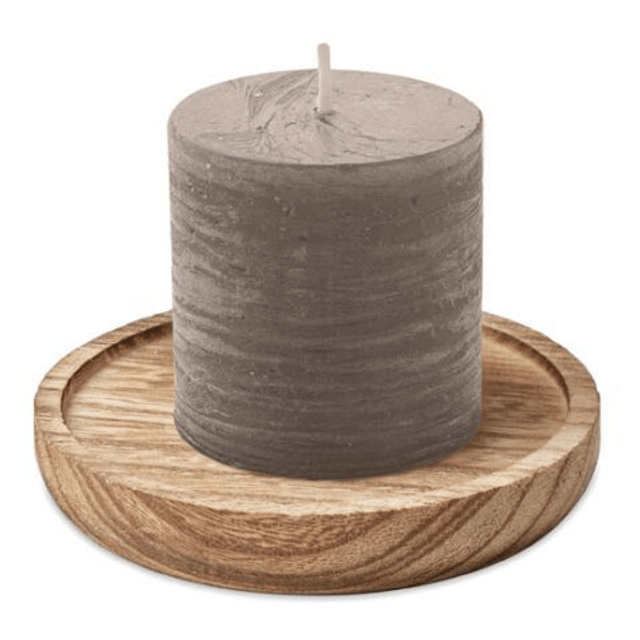 Candle on round wooden base