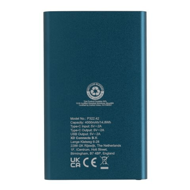 RCS recycled plastic/aluminum 4000 mah powerbank with type C