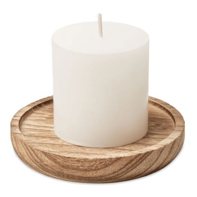 Candle on round wooden base
